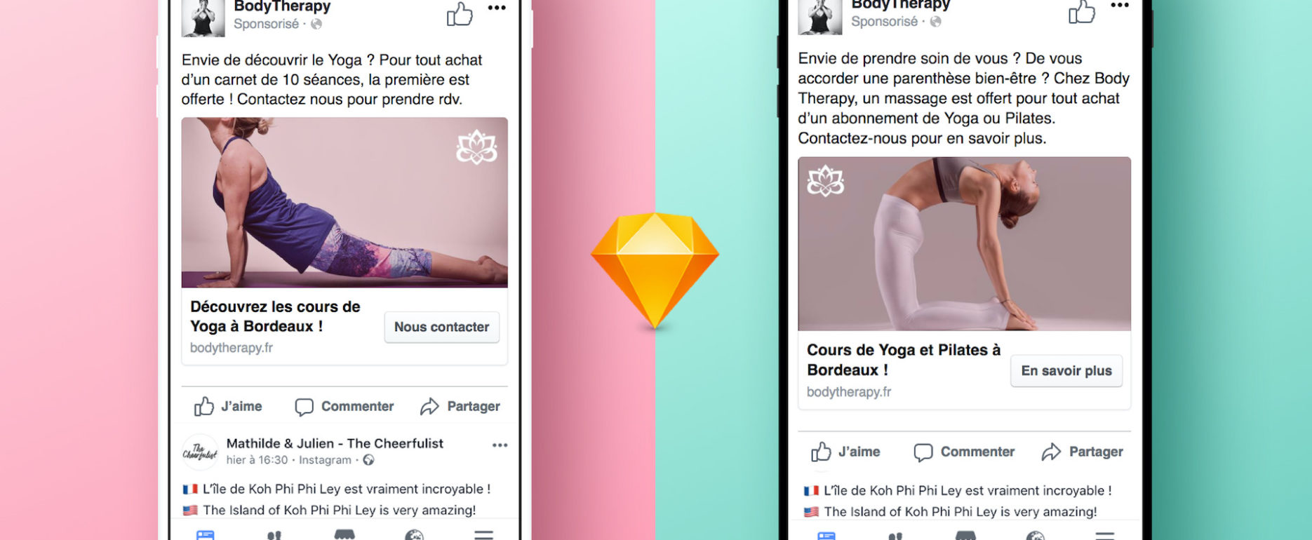 Deux iphones ouvert sur la page Facebook Body Therapy