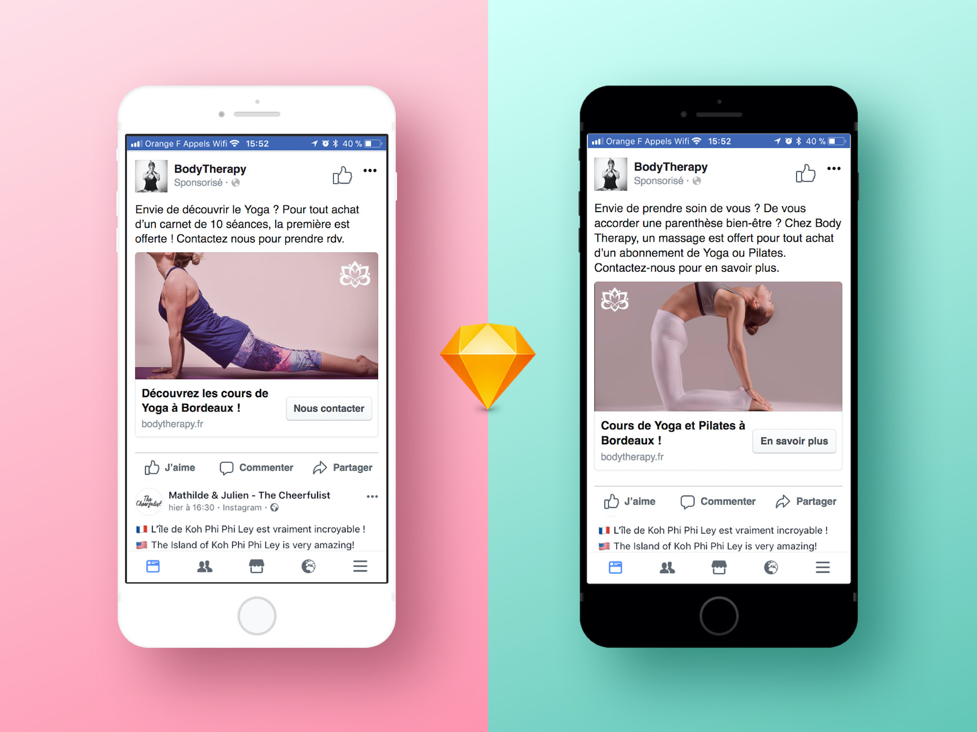 Deux iphones ouvert sur la page Facebook Body Therapy