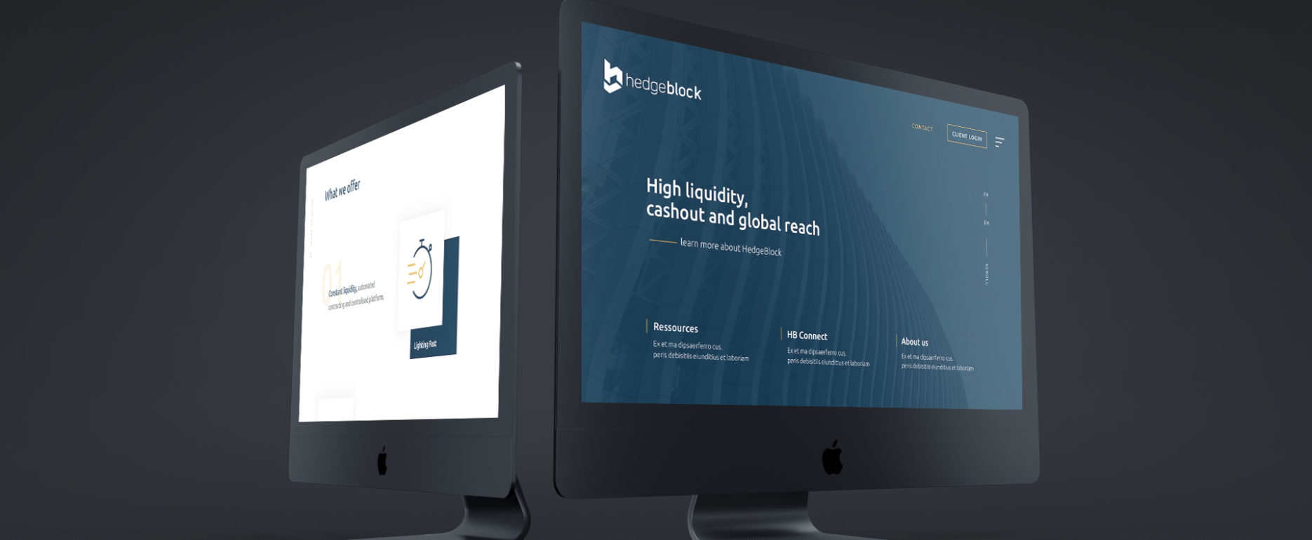 Deux iMac noirs allumés avec page internet ouverte sur le site Hedgeblock